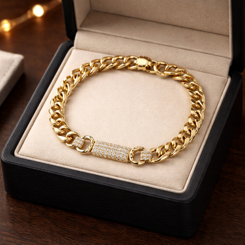 14k Gold filled Cuban link bracelet with Cubic zirconia stones