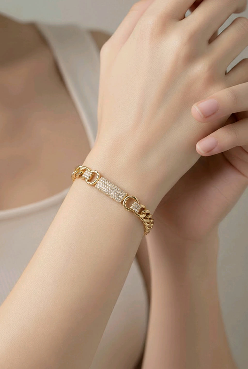 14k Gold filled Cuban link bracelet with Cubic zirconia stones