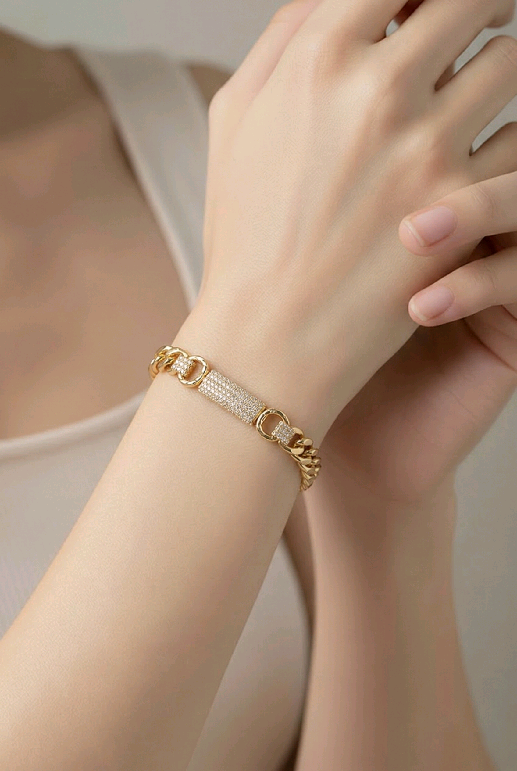 14k Gold filled Cuban link bracelet with Cubic zirconia stones