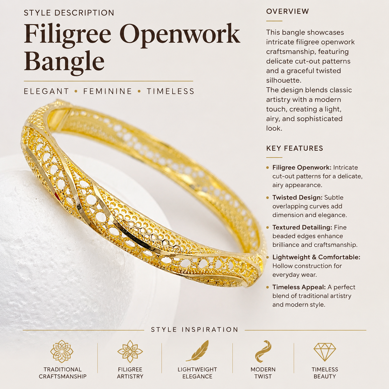 Filigree gold finish bangle bracelet